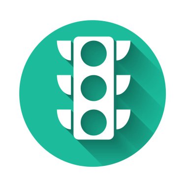 Beyaz trafik ışığı simgesi uzun gölgeli izole edildi. Yeşil daire düğmesi. Vektör İllüstrasyonu