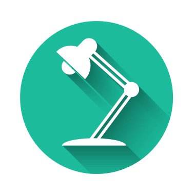 Beyaz masa lambası ikonu uzun gölgeli izole edilmiş. Ofis lambası. Yeşil daire düğmesi. Vektör İllüstrasyonu