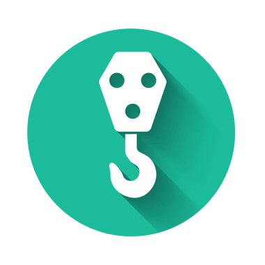 Beyaz Endüstriyel kanca ikonu uzun gölgeli izole edilmiş. Turna kancası ikonu. Yeşil daire düğmesi. Vektör İllüstrasyonu