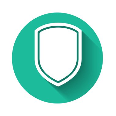 Beyaz Kalkan simgesi uzun gölgeli izole edilmiş. Gardiyan. Yeşil daire düğmesi. Vektör İllüstrasyonu