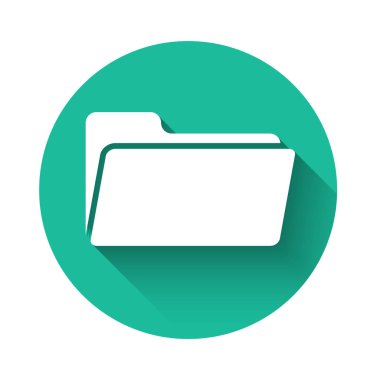 Beyaz Dizin simgesi uzun gölgeyle izole edildi. Yeşil daire düğmesi. Vektör İllüstrasyonu