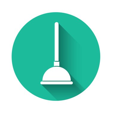 Boru temizleme ikonu için ahşap saplı, uzun gölgeli, beyaz kauçuk pompa. Tuvalet pompası. Yeşil daire düğmesi. Vektör İllüstrasyonu