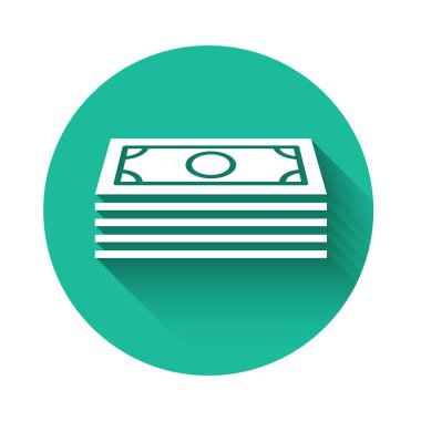 White Stacks kağıt para ikonu uzun gölgeli izole. Para desteleri. Para birimi. Yeşil daire düğmesi. Vektör İllüstrasyonu