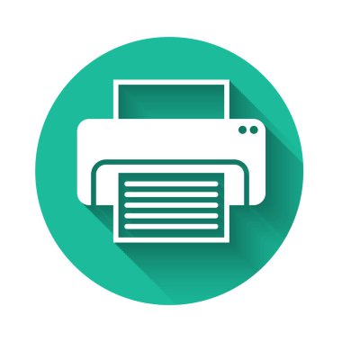 Beyaz Yazıcı simgesi uzun gölgeli izole edildi. Yeşil daire düğmesi. Vektör İllüstrasyonu