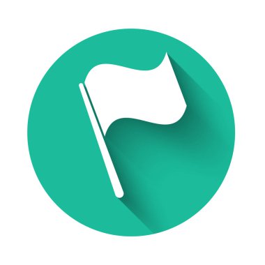 Beyaz Bayrak simgesi uzun gölgeyle izole edildi. Yeşil daire düğmesi. Vektör İllüstrasyonu