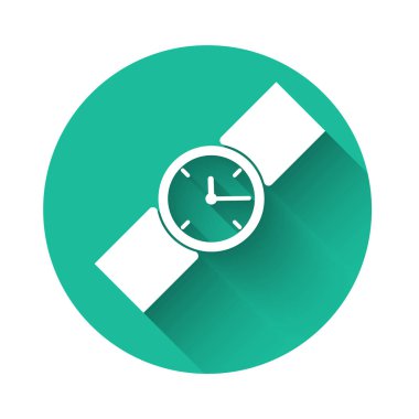 Beyaz bilek saat ikonu uzun gölgeli izole. Kol saati simgesi. Yeşil daire düğmesi. Vektör İllüstrasyonu