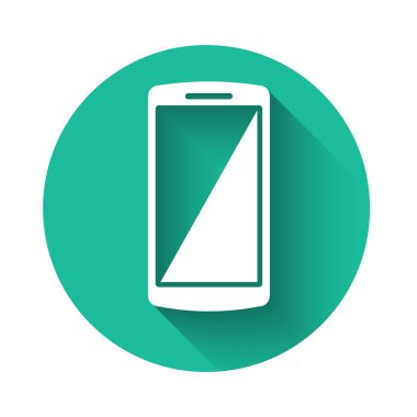 Beyaz akıllı telefon, cep telefonu ikonu uzun gölgeli. Yeşil daire düğmesi. Vektör İllüstrasyonu