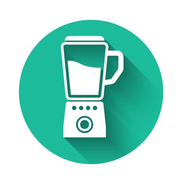 Beyaz karıştırıcı simgesi uzun gölgeli izole edilmiş. Mutfak elektrikli kırıcı ve kase. Meyve suyu, kokteyl ya da meyve suyu. Yeşil daire düğmesi. Vektör İllüstrasyonu