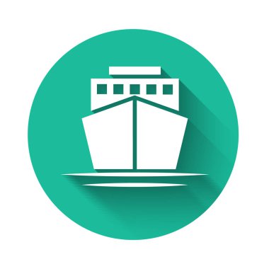 Beyaz gemi simgesi uzun gölge ile yalıtılmış. Yeşil daire düğmesi. Vektör Illustration