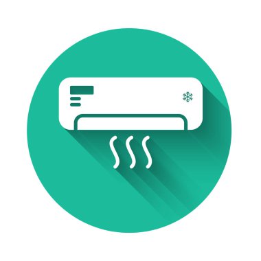 Temiz hava ikonu ve uzun gölgeli beyaz klima. Sistemin havalandırma tabelasını böl. Soğuk ve soğuk iklim kontrol sistemi. Yeşil daire düğmesi. Vektör İllüstrasyonu