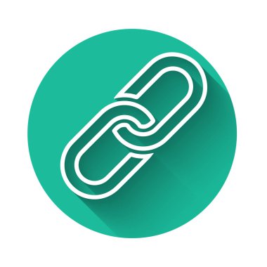 Beyaz zincir bağlantısı simgesi uzun gölgede izole edildi. Bağlantı bekar. Yeşil daire düğmesi. Vektör İllüstrasyonu