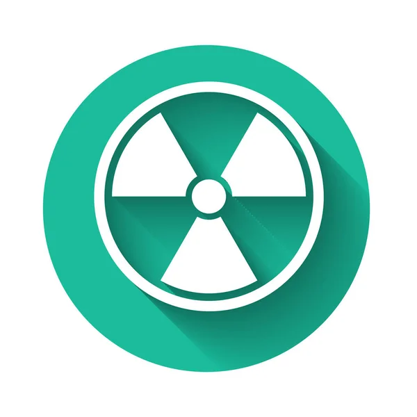 White Radioactive icon isolated with long shadow. Radioactive toxic symbol. Radiation Hazard sign. Green circle button. Vector Illustration — Stock Vector