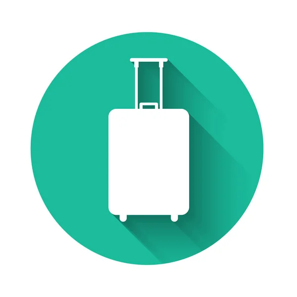 White Travel suitcase icon isolated with long shadow. Traveling baggage sign. Travel luggage icon. Green circle button. Vector Illustration — Stock Vector