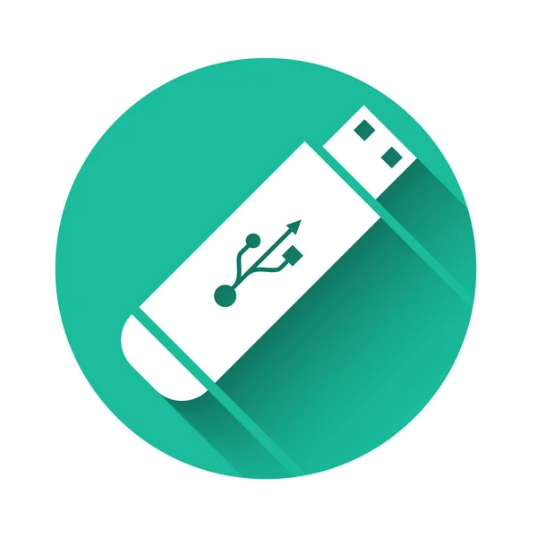 Beyaz USB flaş bellek simgesi uzun gölgeli. Yeşil daire düğmesi. Vektör İllüstrasyonu — Stok Vektör