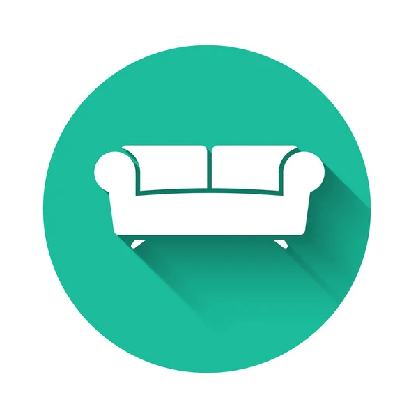 Иконка "Белый диван" с длинной тенью. Кнопка зеленого круга. Векторная миграция — стоковый вектор