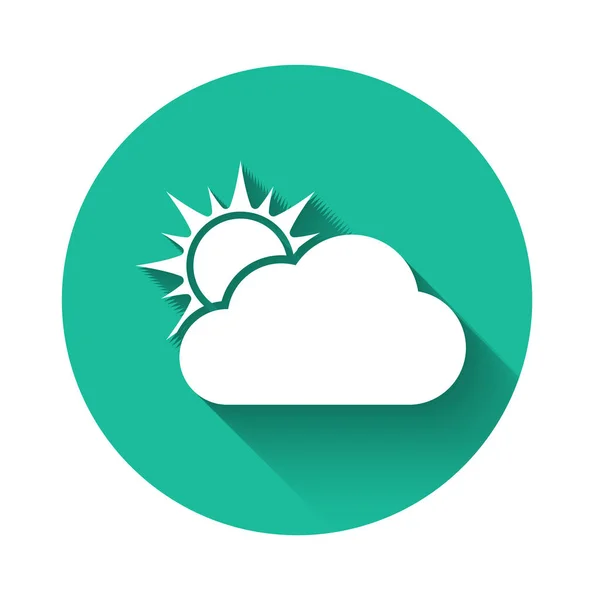 White Sun and cloud weather icon isolated with long shadow. Green circle button. Vector Illustration — Stock Vector