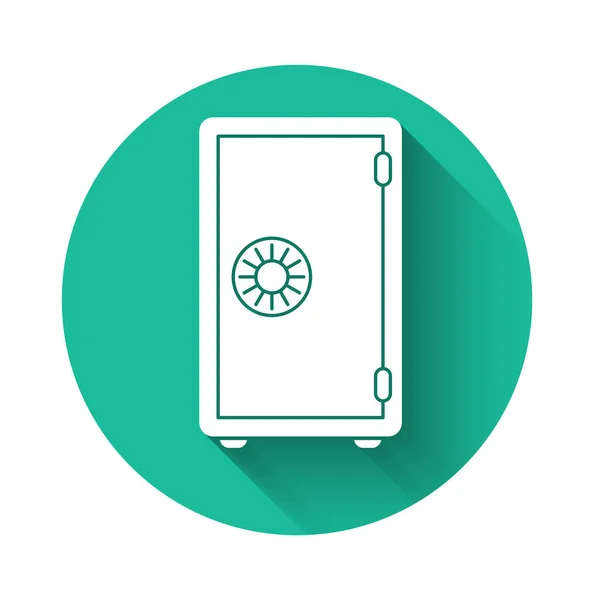 White Safe icon isolated with long shadow. The door safe a bank vault with a combination lock. Reliable Data Protection. Green circle button. Vector Illustration