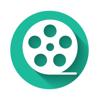 Uzun gölgeli beyaz film makarası ikonu. Yeşil daire düğmesi. Vektör İllüstrasyonu
