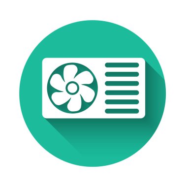 Temiz hava ikonu ve uzun gölgeli beyaz klima. Sistemin havalandırma tabelasını böl. Soğuk ve soğuk iklim kontrol sistemi. Yeşil daire düğmesi. Vektör İllüstrasyonu