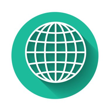 Beyaz Dünya küre ikonu uzun gölgeli izole edilmiş. Yeşil daire düğmesi. Vektör İllüstrasyonu