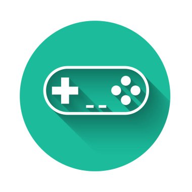 Beyaz Av Alanı simgesi uzun gölgeli izole edildi. Oyun kontrolörü. Yeşil daire düğmesi. Vektör İllüstrasyonu