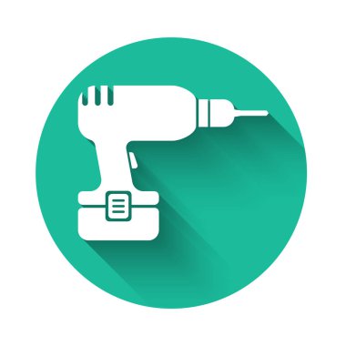 Uzun gölgeli beyaz sondaj makinesi simgesi. Yeşil daire düğmesi. Vektör İllüstrasyonu