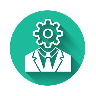 Beyaz insan kafası ve uzun gölgeli bir ikonun içindeki ekipman. Yapay zeka. Beyin işaretini düşünüyorum. Beynin sembol çalışması. Yeşil daire düğmesi. Vektör İllüstrasyonu