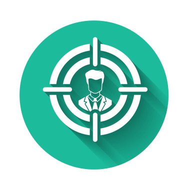 Beyaz Kafa avlanma konsepti uzun gölgeli izole edilmiş. İş hedefi ya da İstihdam tabelası. İş için insan kaynakları ve adam toplama. Yeşil daire düğmesi. Vektör İllüstrasyonu