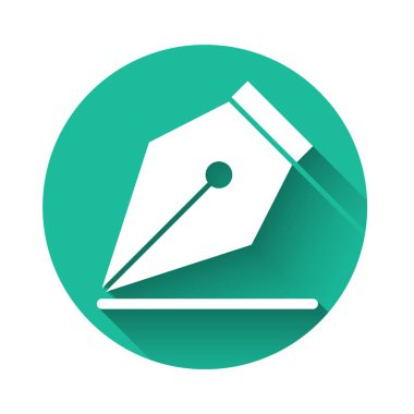 Beyaz Çeşme kalem ucu simgesi uzun gölgeli izole edilmiş. Kalem aleti işareti. Yeşil daire düğmesi. Vektör İllüstrasyonu