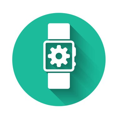 Beyaz Zeka ayarı simgesi uzun gölgeli izole edilmiş. Akıllı saat ayarları. Yeşil daire düğmesi. Vektör İllüstrasyonu