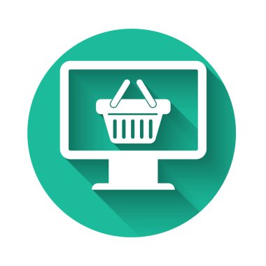 Alış veriş sepeti simgesiyle uzun gölgeli beyaz bilgisayar monitörü. Çevrimiçi alışveriş arabası. Süpermarket sepeti sembolü. Yeşil daire düğmesi. Vektör İllüstrasyonu