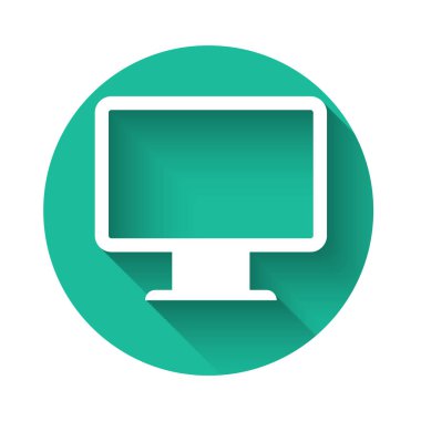 Beyaz Bilgisayar ekran simgesi uzun gölgeli izole edildi. Elektronik cihaz. Ön manzara. Yeşil daire düğmesi. Vektör İllüstrasyonu