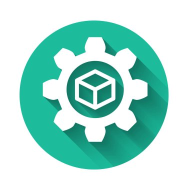 Beyaz Ürün geliştirme simgesi uzun gölgeli izole edilmiş. Vites ve küp. Başlangıç koleksiyonundan ürün geliştirme sembolü tasarımı. Yeşil daire düğmesi. Vektör İllüstrasyonu