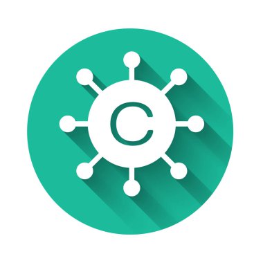 Beyaz Kopyalama Ağı simgesi uzun gölgeli izole edildi. İçerik ağ sembolü. Telif hakkı işareti. Kopyalama ağı işareti. Yeşil daire düğmesi. Vektör İllüstrasyonu