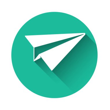 Beyaz kağıt uçak simgesi uzun gölgeli izole edilmiş. Kağıt uçak ikonu. Uçak işareti. Yeşil daire düğmesi. Vektör İllüstrasyonu