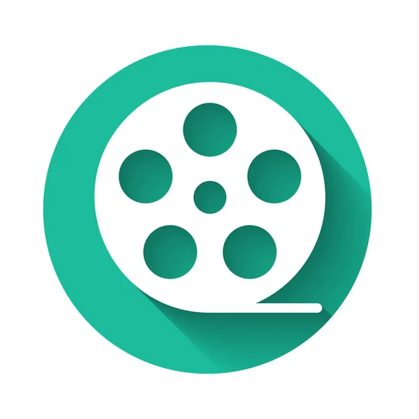 Ikone der weißen Filmrolle isoliert mit langem Schatten. grüner Kreis-Knopf. Vektorillustration — Stockvektor