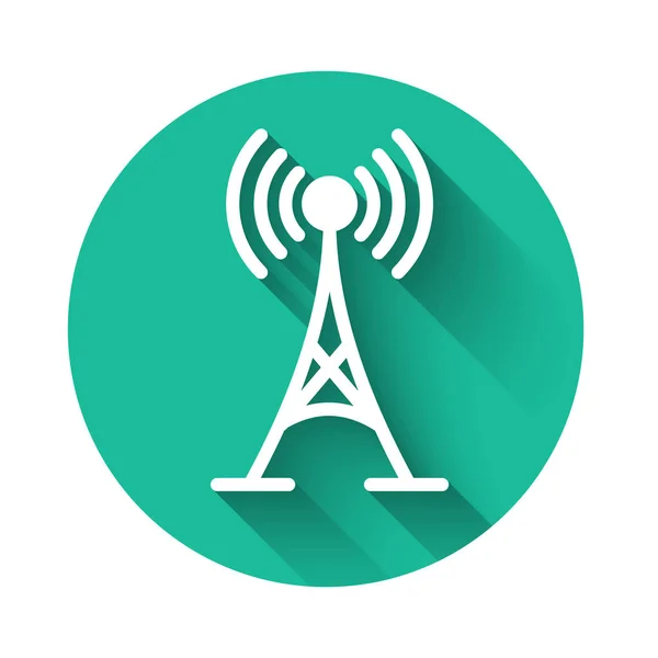 White Antenna icon isolated with long shadow. Radio antenna wireless. Technology and network signal radio antenna. Green circle button. Vector Illustration — Stock Vector