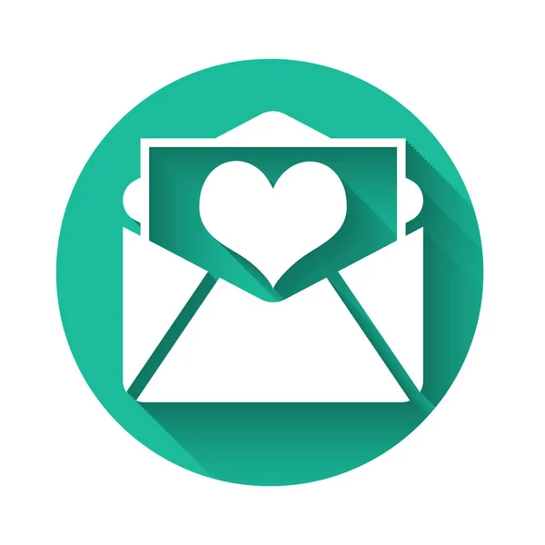 White Envelope with Valentine heart icon isolated with long shadow. Letter love and romance. Green circle button. Vector Illustration — 스톡 벡터