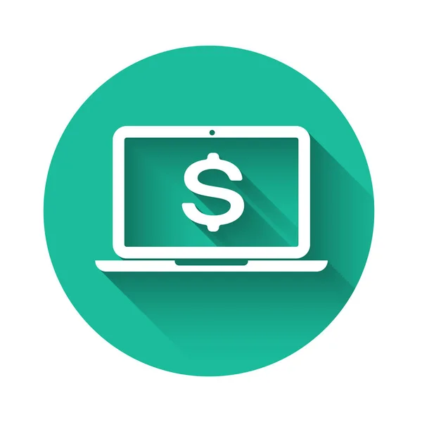 Laptop blanco con símbolo de dólar icono aislado con sombra larga. Concepto de compras online. Concepto económico. Botón círculo verde. Ilustración vectorial — Archivo Imágenes Vectoriales