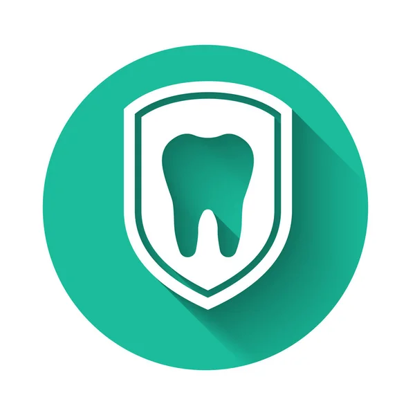 White Dental protection icon isolated with long shadow. Tooth on shield logo icon. Green circle button. Vector Illustration