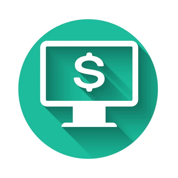 Moniteur d'ordinateur blanc avec icône dollar isolé avec ombre longue. Internet concept de sécurité financière, protection de la finance en ligne. Bouton rond vert. Illustration vectorielle — Image vectorielle