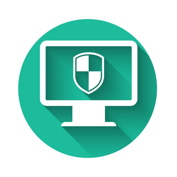 Οθόνη Λευκού Υπολογιστή και εικόνα ασπίδας απομονωμένη με μεγάλη σκιά. Ασφάλεια υπολογιστών, τεχνολογία τείχους προστασίας, ασφάλεια ιδιωτικότητας Διαδικτύου ή antivirus. Πράσινο κουμπί κύκλου. Εικονογράφηση διανύσματος — Διανυσματικό Αρχείο