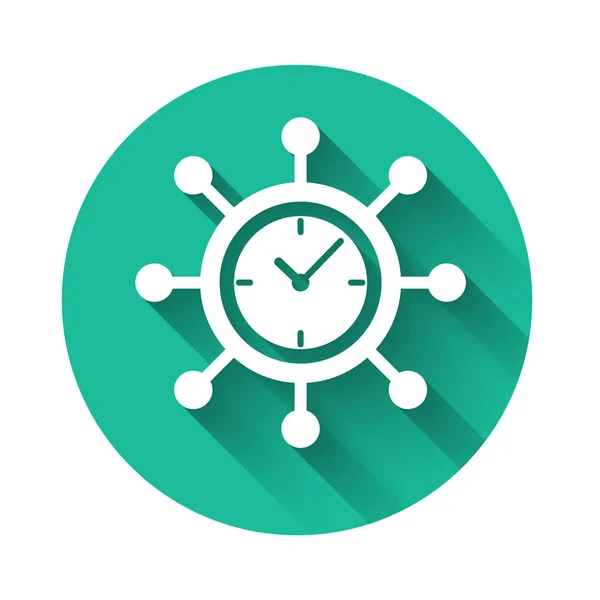 White Clock and gear icon isolated with long shadow. Time Management symbol. Business concept. Hub and spokes and clock solid icon. Green circle button. Vector Illustration — Stock Vector