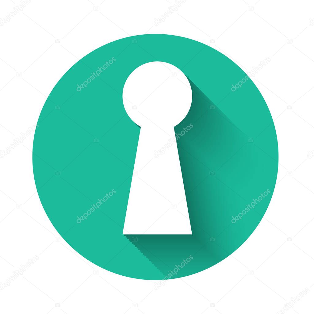 White Keyhole icon isolated with long shadow. Key of success solution. Keyhole express the concept of riddle, secret, peeping, safety, security. Green circle button. Vector Illustration