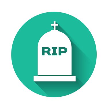 Üzerinde Rip yazan Beyaz Tombstone simgesi uzun gölgelerle izole edilmiş. Mezar ikonu. Yeşil daire düğmesi. Vektör İllüstrasyonu