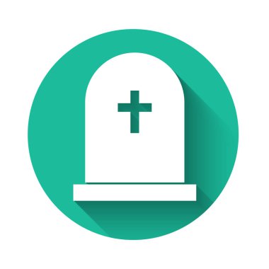 Çapraz simgesi uzun gölgeli Beyaz Tombstone. Mezar ikonu. Yeşil daire düğmesi. Vektör İllüstrasyonu
