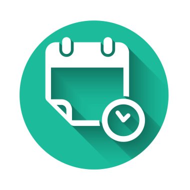 Beyaz takvim ve saat simgesi uzun gölgeli. Program, randevu, organizatör, zaman çizelgesi, zaman yönetimi, önemli tarih. Yeşil daire düğmesi. Vektör İllüstrasyonu