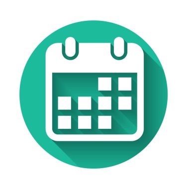 Beyaz Takvim simgesi uzun gölgede izole edildi. Yeşil daire düğmesi. Vektör İllüstrasyonu