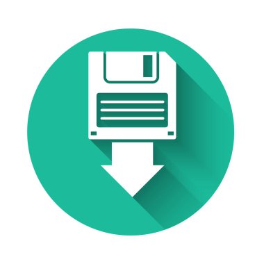 Uzun gölgeli beyaz disket yedekleme simgesi izole edildi. Disket işareti. Yeşil daire düğmesi. Vektör İllüstrasyonu