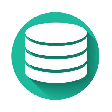 Beyaz Veritabanı simgesi uzun gölgede izole edildi. Ağ veritabanları, ilerleme çubuklu disk. Yedek konsept. Yeşil daire düğmesi. Vektör İllüstrasyonu